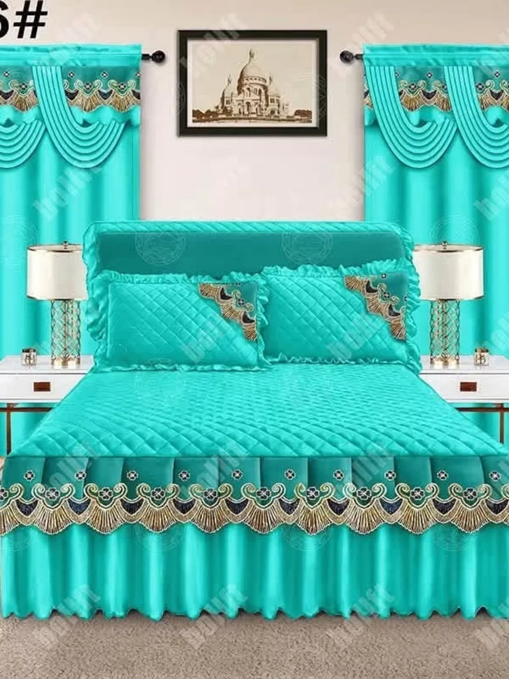 luxury rebel Turquoise Quilted Comforter Set with Embroidered Trim